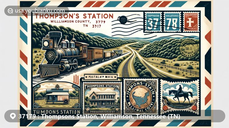 Modern illustration of Thompsons Station, Williamson County, Tennessee, showcasing postal theme with ZIP code 37179, featuring vintage airmail envelope with local landmarks like Thompson's Station caboose and Preservation Park.