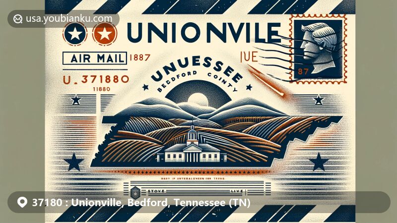 Modern illustration of Unionville, Bedford County, Tennessee, featuring creative air mail envelope design with ZIP code 37180, highlighting area's geographical and cultural elements.