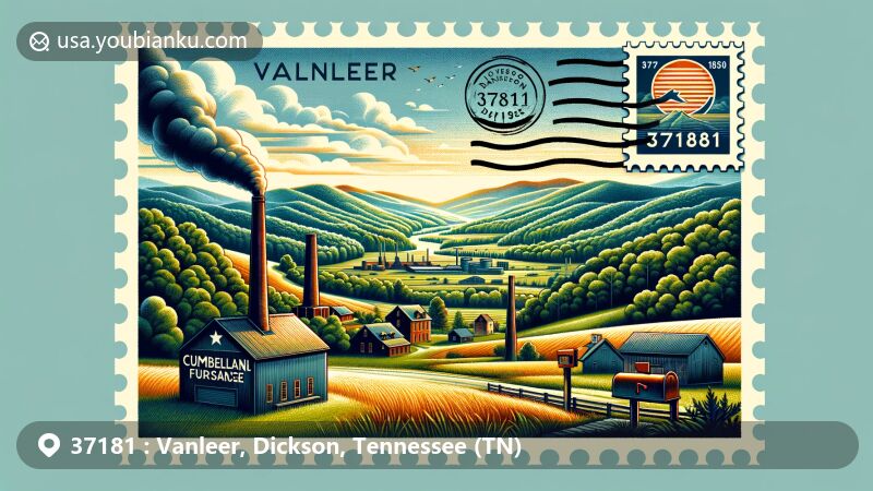 Modern illustration of Vanleer, Dickson, Tennessee, capturing the serene rural landscape with lush forests and rolling hills, featuring Cumberland Furnace and modern postal elements.