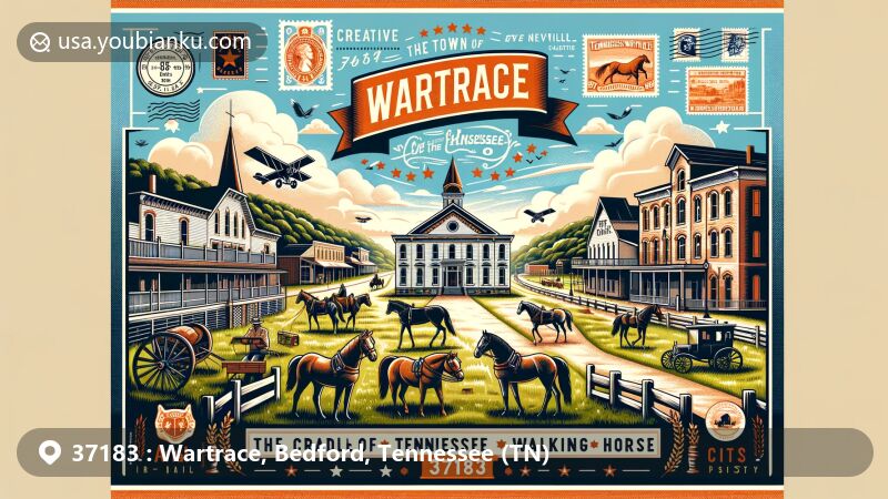 Modern illustration of '37183,' Wartrace, Tennessee, celebrating its role as the birthplace of the Tennessee Walking Horse, featuring Civil War history, iconic architecture, and the scenic beauty of the Tennessee Walking Horse country.
