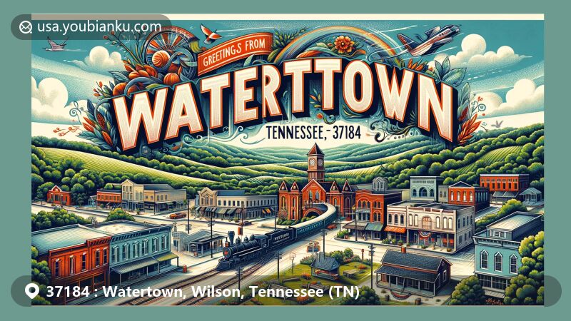 Modern illustration of Watertown, Tennessee, showcasing the historic Watertown square, Tennessee Central Railway, and vibrant community events, with a creative postal theme and ZIP code 37184.