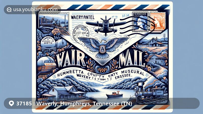 Modern illustration of Waverly, Tennessee, featuring airmail envelope design with landmarks like Loretta Lynn's Ranch, Waverly Explosion Memorial Caboose, and the Tennessee River, along with postal elements and ZIP Code 37185.