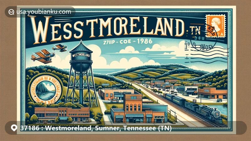 Modern illustration of Westmoreland, Sumner County, Tennessee, featuring iconic landmarks like the water tower and Little Tunnel, showcasing the town's economy and community spirit.