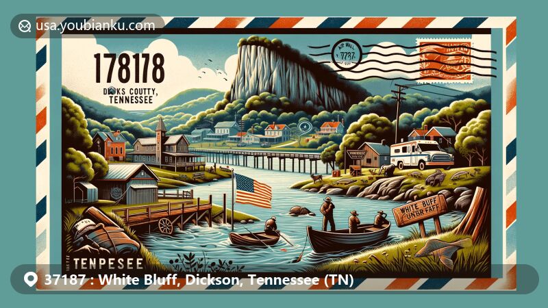 Modern postcard-style illustration of White Bluff, Dickson County, Tennessee, highlighting outdoor lifestyle and historical landmarks, including Natchez Trace State Park and White Bluff Iron Forge.
