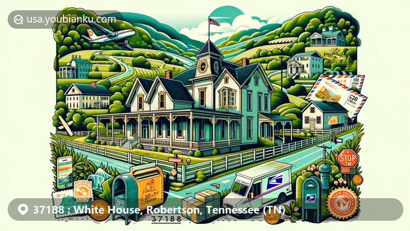 Modern illustration of White House, Tennessee, Robertson County, highlighting suburban allure and outdoor recreation, with postal theme and Cumberland Plateau backdrop, featuring White House Inn Library and Museum replica, ZIP code 37188, air mail envelope, stamp, postmark, mailbox, and postal van.