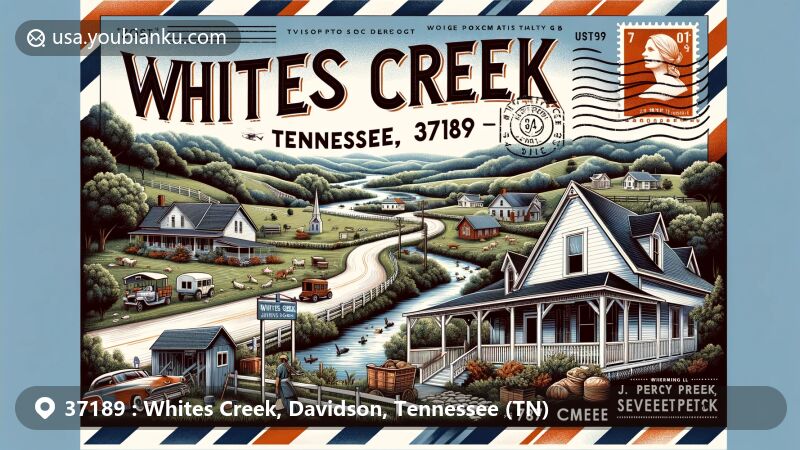 Modern illustration of Whites Creek, Tennessee, showcasing rural landscape with ZIP code 37189, emphasizing outdoor activities at J. Percy Priest Lake and Sevenmile Creek Park, integrated with vintage postal elements.