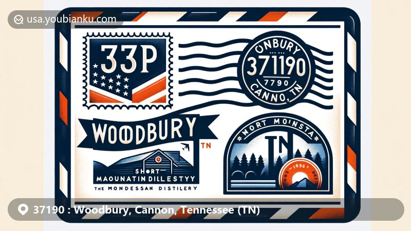 Modern illustration of Woodbury, Cannon County, Tennessee, highlighting postal theme with ZIP code 37190, featuring Short Mountain Distillery and Tennessee state symbols.