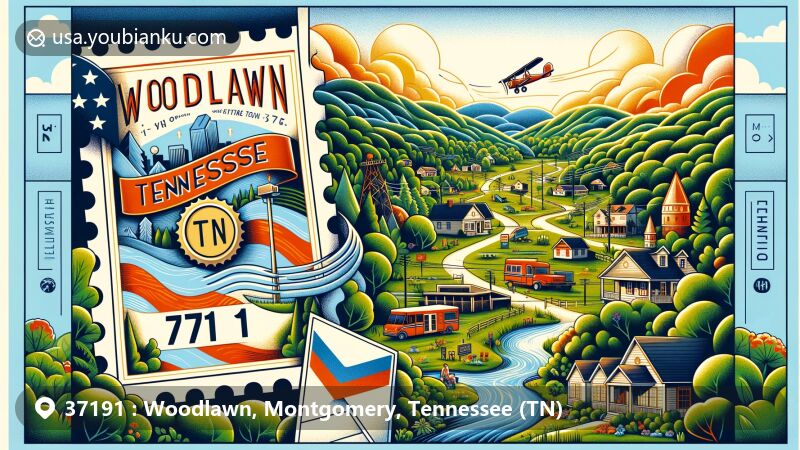 Modern illustration of Woodlawn, Tennessee, showcasing postal theme with ZIP code 37191, featuring natural landscapes and community symbols.