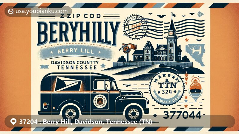 Vintage postcard-style illustration of Berry Hill, Davidson County, Tennessee, depictin postal theme with ZIP code 37204, featuring vintage air mail envelope and postal van.