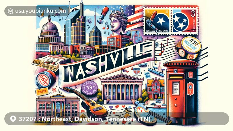 Modern illustration of Northeast, Davidson County, Tennessee, showcasing postal theme with ZIP code 37207, featuring Nashville Parthenon, State Capitol, Music Row, and Bicentennial Capitol Mall State Park.