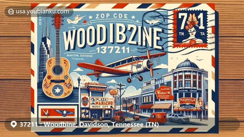 Modern illustration of Woodbine, Davidson, Tennessee, highlighting Plaza Mariachi Music City and Nashville Zoo at Grassmere, featuring vintage postcard elements with aviation theme and Tennessee state flag stamp.