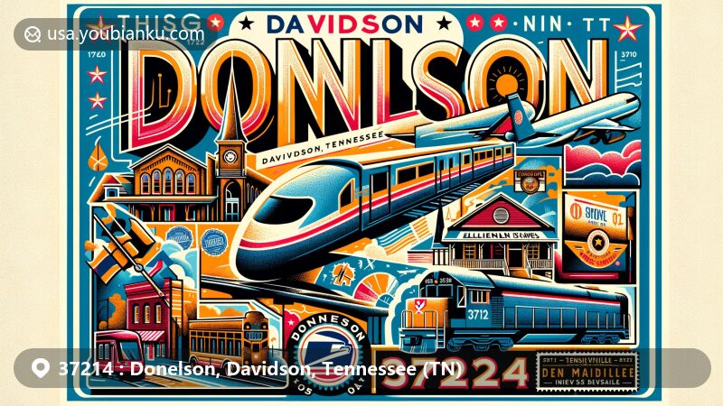 Modern illustration of Donelson, Davidson County, Tennessee, capturing iconic landmarks like WeGo Star commuter train, First Baptist Church, and Ellendale's Restaurant, with a stylized airplane symbol representing Nashville International Airport.