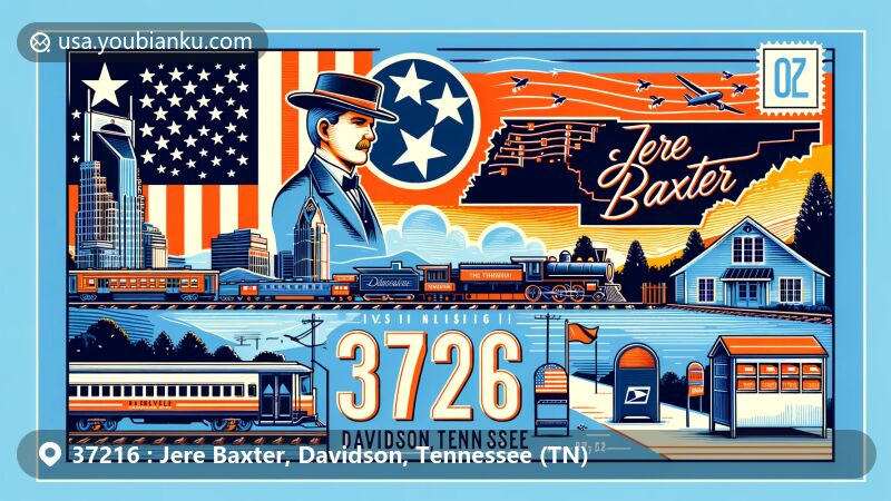 Modern illustration of Jere Baxter area, Davidson County, Tennessee, in a postcard style, with Tennessee state flag, Davidson County map, railway elements, ZIP code 37216, postal van, mailbox, and Nashville landmarks.