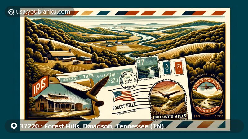 Creative illustration of Forest Hills, Tennessee, featuring Natchez Trace historical route, Otter Creek farmlands, and Compton family legacy, with a modern postal theme of air mail envelope and vintage stamp.