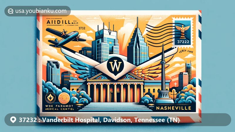 Modern illustration of Vanderbilt University Medical Center and Nashville's iconic landmarks, including the Nashville Parthenon, in an air mail envelope design, featuring postal elements and ZIP code 37232.