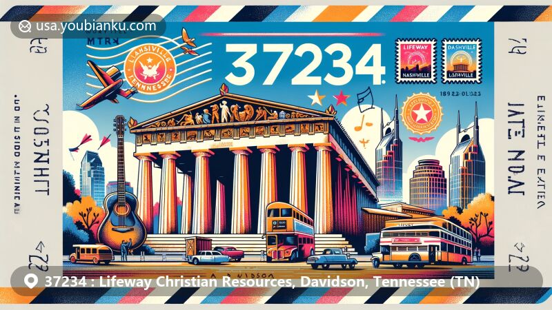 Modern illustration of Lifeway Christian Resources area in Davidson, Tennessee, featuring Nashville landmarks like the Parthenon and vibrant music scene, framed in a vintage air mail envelope with postal elements and Tennessee symbols.