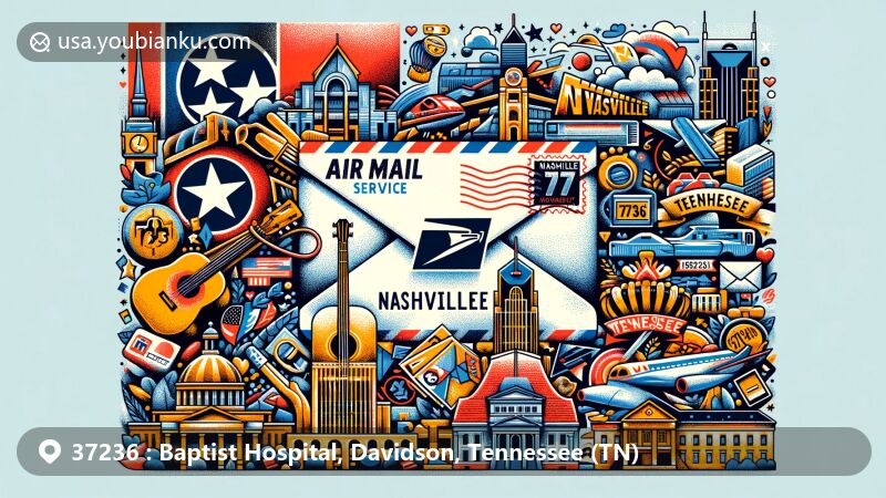 Modern illustration of Baptist Hospital in Nashville, Tennessee, showcasing postal theme with ZIP code 37236, featuring iconic symbols and landmarks.
