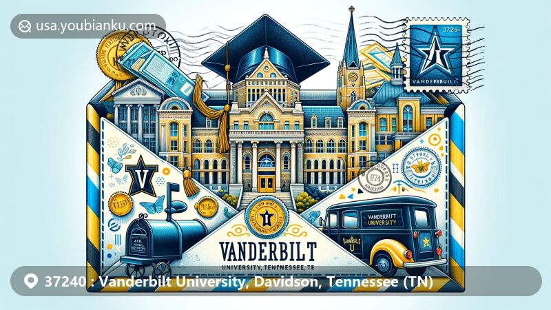 Modern illustration of Vanderbilt University in Nashville, Davidson County, Tennessee, featuring airmail envelope with iconic buildings and academic elements, showcasing postal theme with ZIP code 37240.