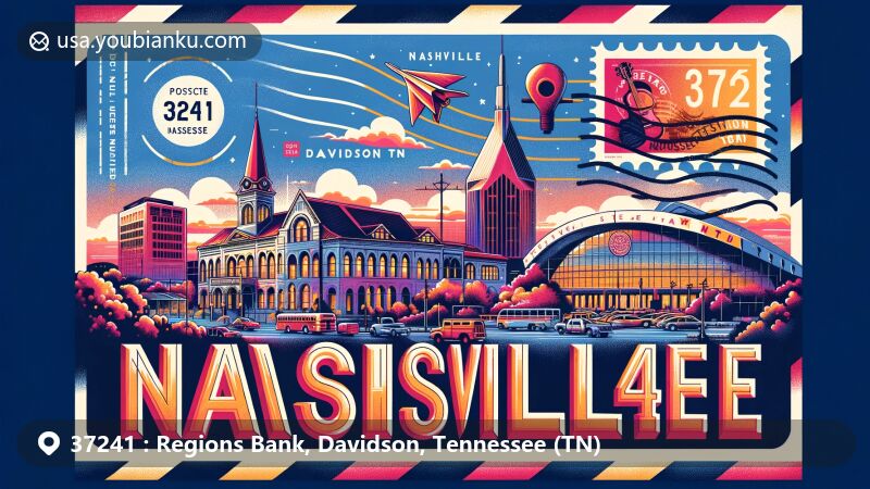 Modern illustration of Nashville, Davidson, Tennessee, showcasing ZIP code 37241 with landmarks like Ryman Auditorium, Belmont Mansion, and Tennessee State Capitol, in a postcard design with postage elements and Music Row representation.
