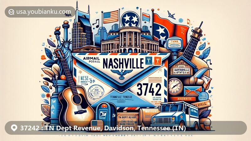 Modern illustration of Nashville, Tennessee, showcasing airmail envelope with ZIP code 37242, featuring Grand Ole Opry, Tennessee state flag, musical elements, postmark, stamp, American mailbox, mail truck, and vibrant colors.