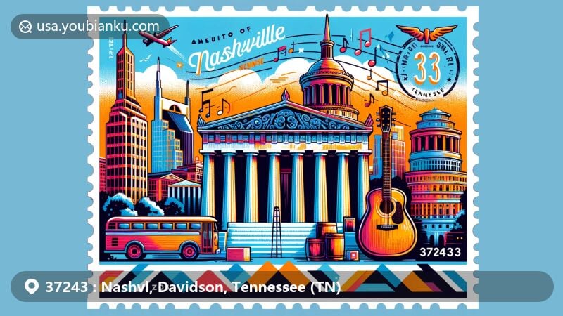 Modern illustration of Nashville, Tennessee, ZIP code 37243, featuring Nashville Parthenon, musical elements, and Tennessee State Capitol, creatively blending city landmarks and postal theme in a vibrant design.