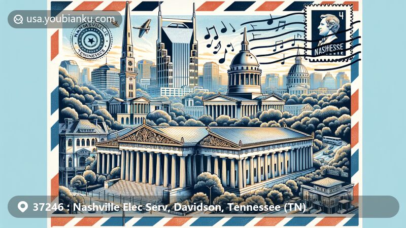 Modern illustration of Nashville, Tennessee, representing ZIP code 37246, featuring landmarks like the Nashville Parthenon, Tennessee State Capitol, and musical symbols, set against the backdrop of Centennial Park in a vintage airmail envelope with stamps and postmarks.