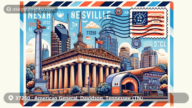 Modern illustration of Nashville Parthenon and downtown area in ZIP code 37250, Nashville, Tennessee, featuring vibrant music scene and historic sites, with Tennessee state flag integrated.