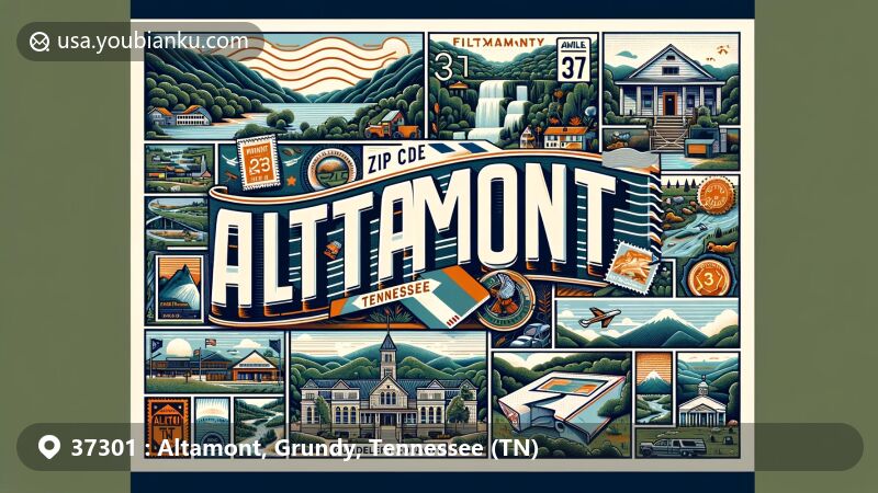 Modern illustration of Altamont, Grundy County, Tennessee, featuring postal theme with ZIP code 37301, showcasing Cumberland Plateau landscape, parks, waterfalls, hiking trails, and historical symbols like Grundy County Courthouse.