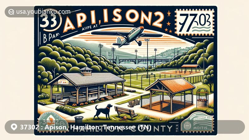 Modern illustration of Apison area in Hamilton County, Tennessee, with lush greenery and rolling hills, featuring Apison Park amenities and postal theme with ZIP code 37302.