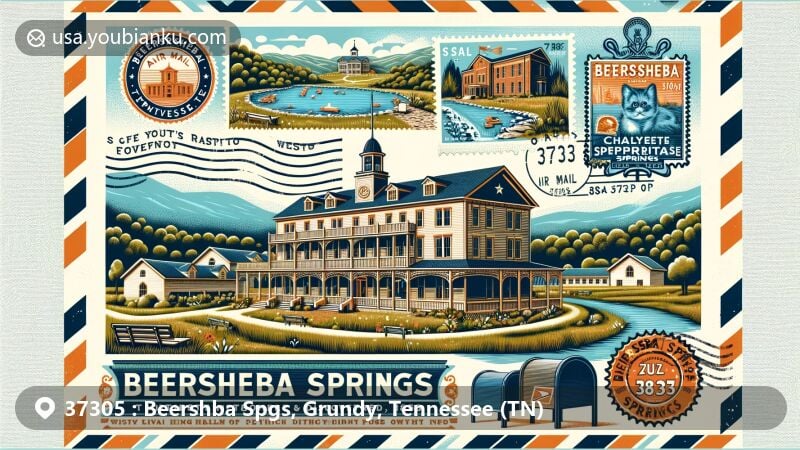 Modern illustration of Beersheba Springs, Tennessee, depicting historic resort aspect with iconic Beersheba Springs Assembly hotel and chalybeate springs, postal theme with air mail envelope, vintage stamps, postal mark with ZIP code 37305, and integrated mailbox.