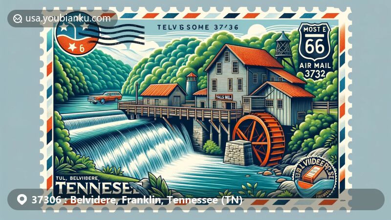 Modern illustration of Belvidere, Tennessee, highlighting ZIP Code 37306 and Falls Mill, a historic landmark with a 32-foot waterwheel, surrounded by lush greenery and the old Belvidere School, now a community center. Postal theme featuring air mail envelope border, ZIP Code stamps, and postmark.