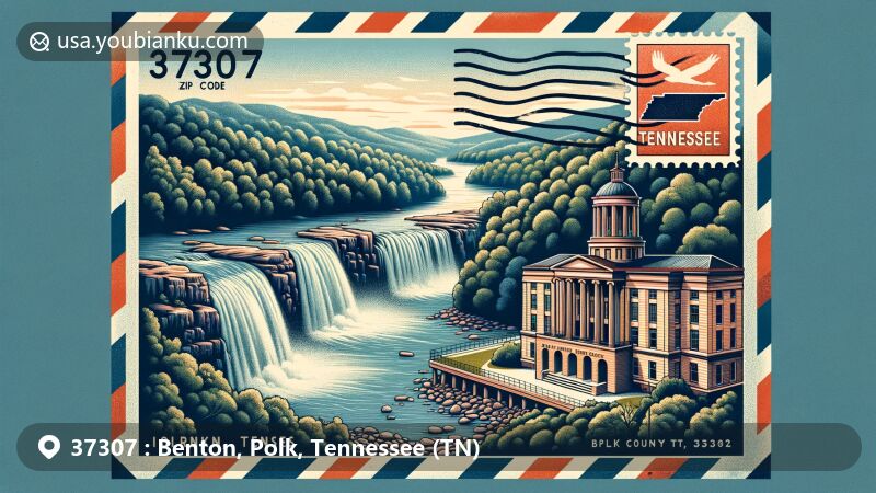 Contemporary illustration of Benton, Polk County, Tennessee, highlighting Benton Falls and Cherokee National Forest, with a focus on Polk County Courthouse, vintage airmail elements, and zip code 37307.