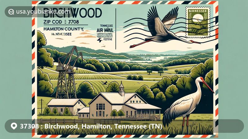 Modern illustration of Birchwood, Hamilton County, Tennessee, inspired by postal aesthetics with ZIP code 37308, showcasing rolling hills, lush trees, Hiwassee Wildlife Refuge, and Cherokee Removal Memorial Park.