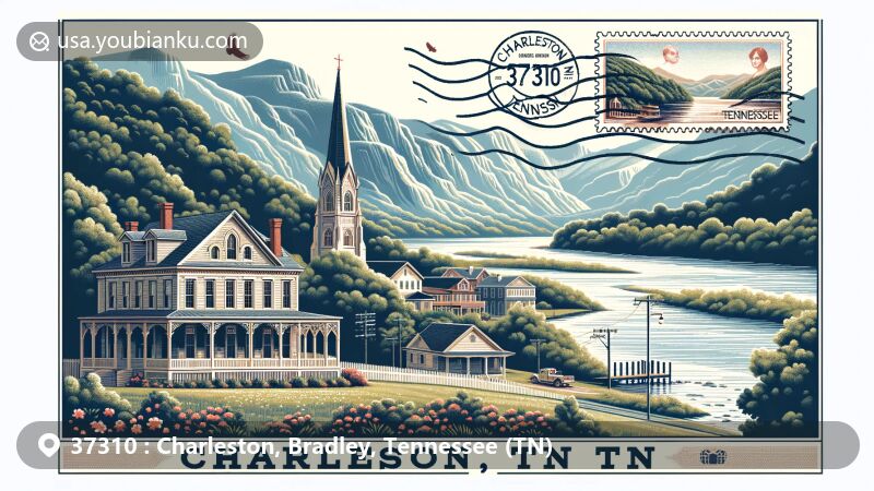 Modern illustration of Charleston, Tennessee, in Bradley County, blending natural landscapes and historical landmarks, featuring Henegar House, Charleston Cumberland Presbyterian Church, Hiwassee River, and Appalachian Mountains.