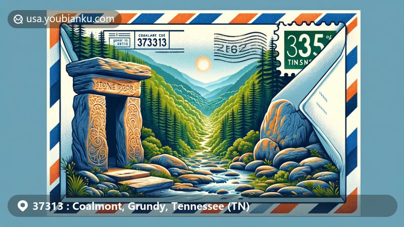 Colorful illustration of Coalmont, Tennessee, blending scenic beauty and postal heritage, featuring the Stone Door Trail and airmail envelope with ZIP code 37313.