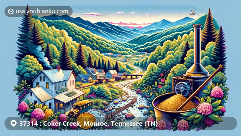 Modern illustration of Coker Creek, Monroe County, Tennessee, capturing the natural beauty of the Unicoi Mountains and Cherokee National Forest, with references to gold panning and the Unicoi Turnpike, presented as a postcard with ZIP code 37314.