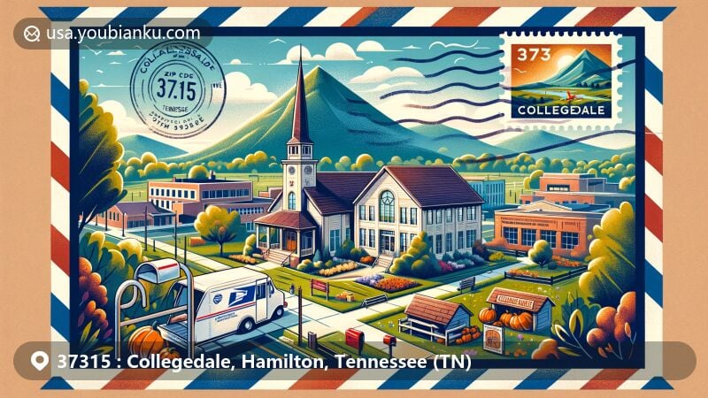 Modern illustration of Collegedale, Tennessee, showcasing Southern Adventist University, greenways, and Pumpkin Festival, capturing small-town charm and community feel within a postal theme with ZIP code 37315.
