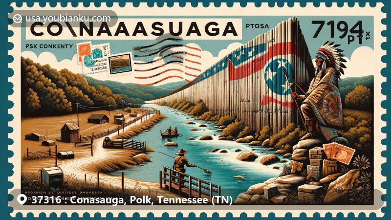 Modern illustration of Conasauga area, Polk County, Tennessee, featuring Conasauga Native American Wall, Conasauga River, postcard, stamps, and postmarks.