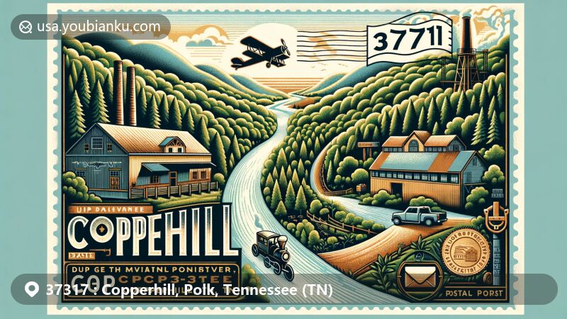 Modern illustration of Copperhill, Polk County, Tennessee, capturing the charm of ZIP code 37317, featuring Copper Basin history and lush forests, with Ocoee River for outdoor activities.