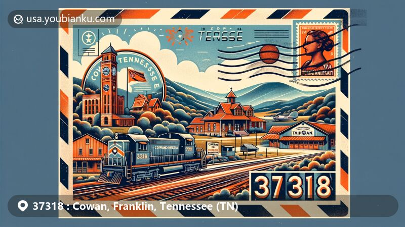 Modern illustration of Cowan, Tennessee, showcasing the Cowan Railroad Museum against the scenic Cumberland Plateau, incorporating postal elements and the ZIP code 37318.