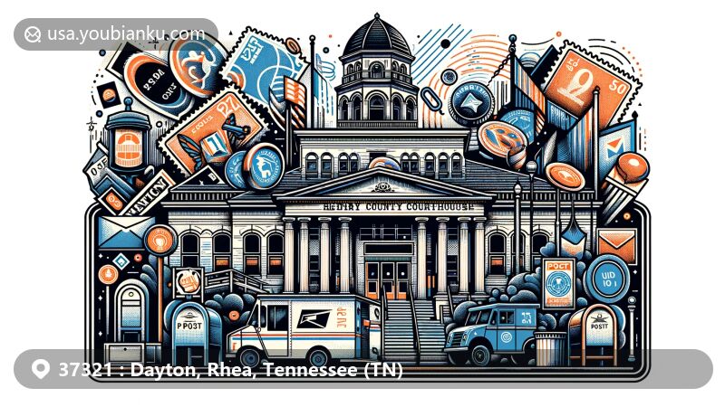 Modern illustration of Rhea County Courthouse, Dayton, Tennessee, featuring postal communication elements like stamps, postmark with ZIP code 37321, mailboxes, vintage mail van.