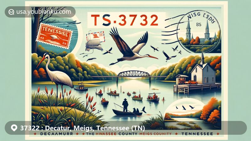 Modern illustration of Decatur, Meigs County, Tennessee, celebrating ZIP code 37322, featuring the Tennessee River, historical references, Hiwassee Wildlife Refuge, and a creative postcard design.