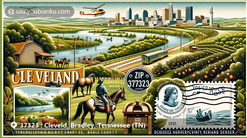 Modern illustration of Cleveland, Bradley County, Tennessee, depicting regional and postal themes with elements like apple orchards, horseback riding, zip-lining, Cherokee history, Civil War, Hiwassee River Heritage Center, and a postal stamp effect with ZIP code 37323.
