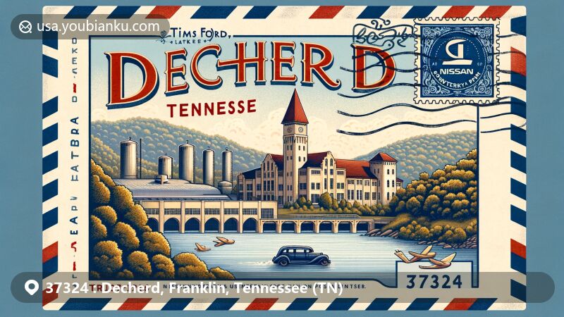 Modern illustration of Decherd, Tennessee, showcasing Tims Ford Lake and Hundred Oaks Castle, with a nod to the Nissan Powertrain Assembly Plant and postal theme, including vintage postcard and air mail elements.
