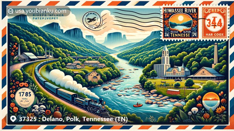 Modern illustration of Delano, Tennessee, highlighting postal theme with ZIP code 37325, featuring Hiwassee River, Hiwassee River Scenic Railroad, Hiwassee/Ocoee Rivers State Park, and local agriculture symbols.
