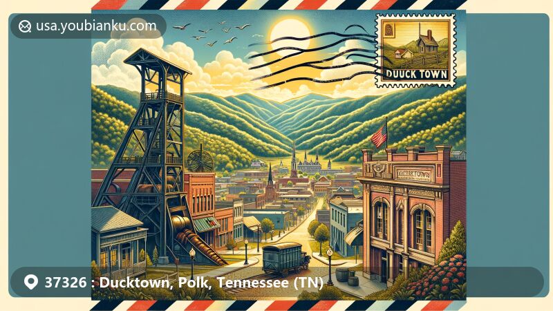 Modern illustration of Ducktown, Tennessee, featuring postal theme with ZIP code 37326, showcasing scenic beauty against backdrop of Appalachian Mountains.