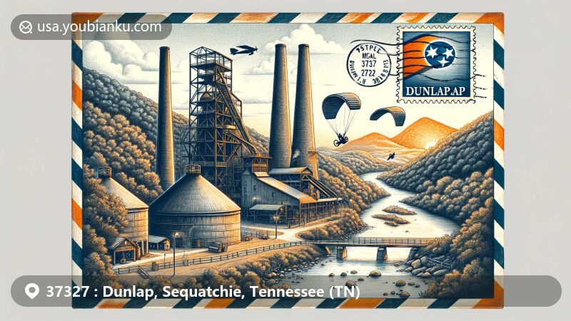 Modern illustration of Dunlap, Tennessee, showcasing regional and postal elements, featuring Dunlap Coke Ovens, Sequatchie Valley silhouette, and postal symbols.