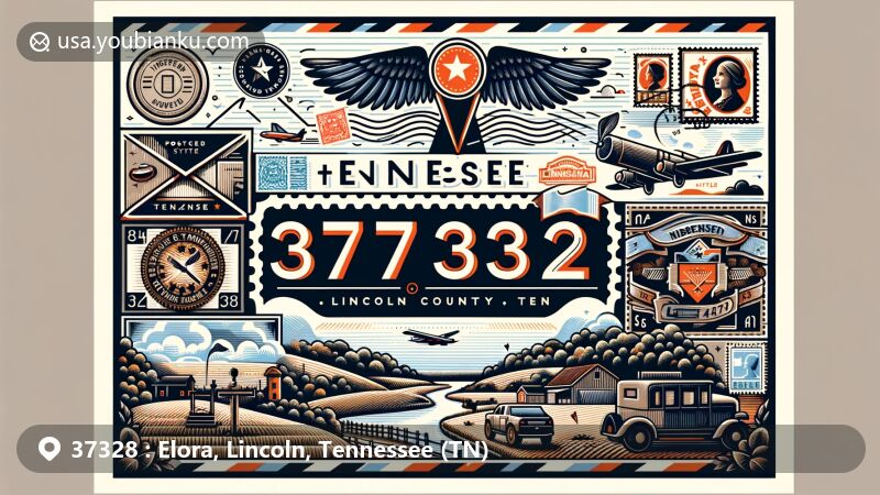 Illustration of Elora, Lincoln County, Tennessee, highlighting ZIP Code 37328 area with a modern postal theme, featuring decorative stamps and postmarks, rural landscape, Tennessee symbols, and subtle nod to neighboring Alabama.