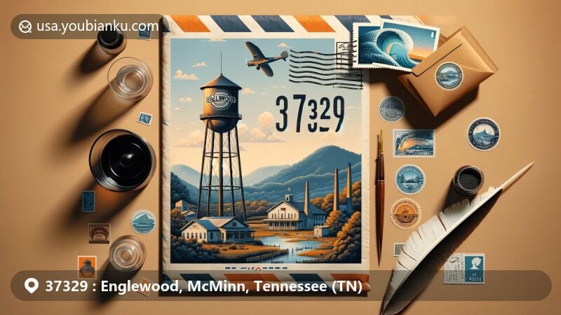 Modern illustration of Englewood, McMinn County, Tennessee, showcasing postal theme with ZIP code 37329, featuring Englewood Water Tower, Unicoi Mountains, Englewood Textile Museum, Clear Springs Cumberland Presbyterian Church, inkwell, quill, and compass symbol.