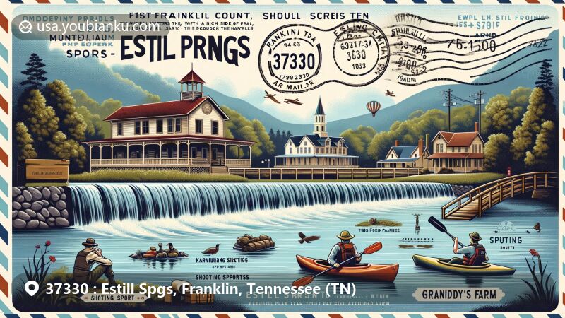 Modern illustration of Estill Springs, Franklin County, Tennessee, depicting historic spa town with Civil War history, Elk River, Tims Ford Lake, Camp Harris, and recreational symbols like kayaking and shooting sports.
